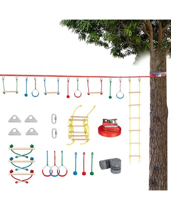 Upgraded 59ft Ninja Warrior Obstacle Course for Kids Ninja Slackline with 10 Accessories Climbing Ladder Gymnastics Rings Mon...