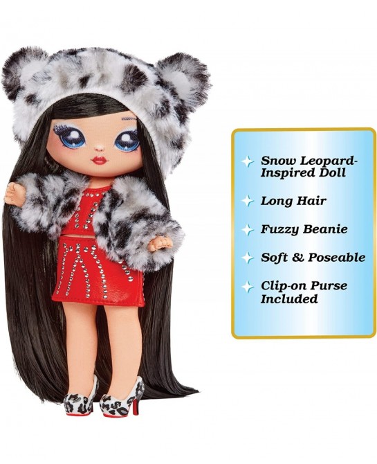 Cozy Series Leona White 7.5" Fashion Doll Snow Leopard-Inspired with Black Hair 3-Piece Outfit and Fuzzy Clip-on Purse Poseab...
