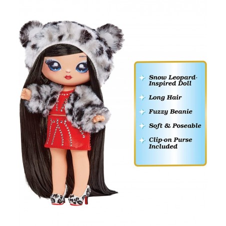 Cozy Series Leona White 7.5" Fashion Doll Snow Leopard-Inspired with Black Hair 3-Piece Outfit and Fuzzy Clip-on Purse Poseab...