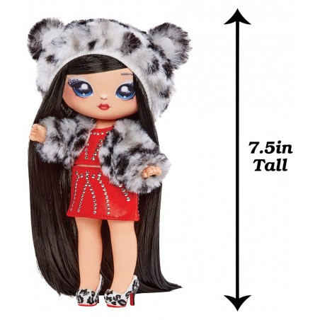 Cozy Series Leona White 7.5" Fashion Doll Snow Leopard-Inspired with Black Hair 3-Piece Outfit and Fuzzy Clip-on Purse Poseab...
