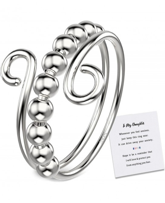To My Daughter Fidget Ring S925 Sterling Silver Anxiety Relief Ring for Women Double Layer Adjustable Ring with Beads Spinner...