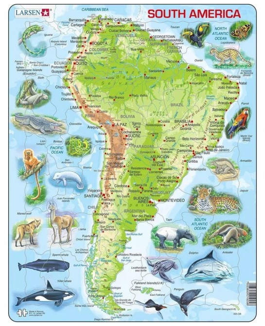 Puzzles South America Map with Animals 65 Piece Children's Educational Jigsaw Puzzle $21.47 Jigsaw Puzzles