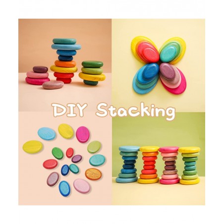16PCs Stacking Rocks Wooden Stacking Toys Balancing Stacking Stones Wooden Stone Stacking Game for Toddler Wood Sorting Monte...