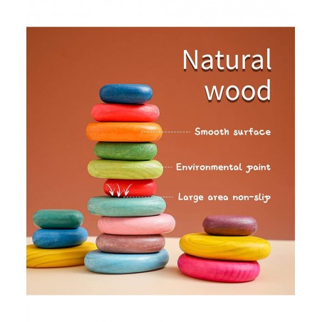 16PCs Stacking Rocks Wooden Stacking Toys Balancing Stacking Stones Wooden Stone Stacking Game for Toddler Wood Sorting Monte...