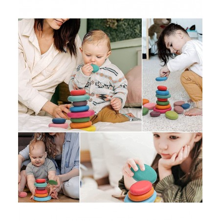 16PCs Stacking Rocks Wooden Stacking Toys Balancing Stacking Stones Wooden Stone Stacking Game for Toddler Wood Sorting Monte...