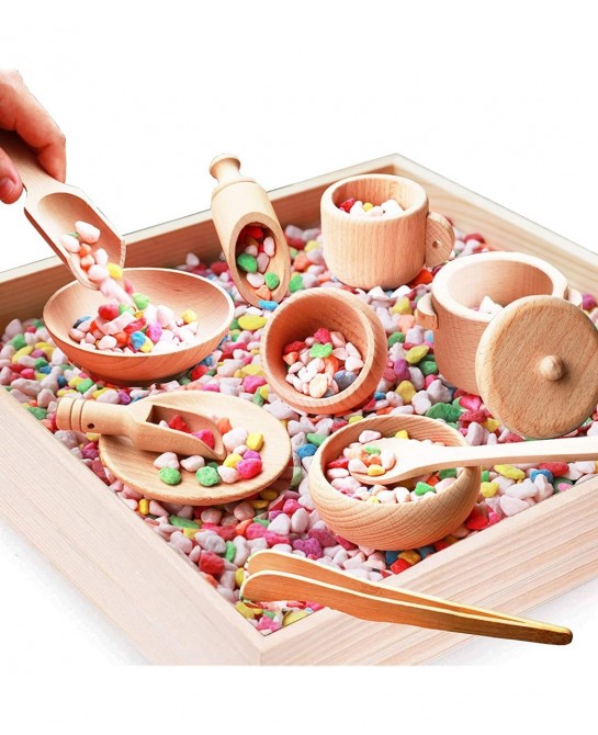 12 Pcs Wooden Sensory Bin Tools 1 Wooden Box + 11 Sensory Tools for Toddlers & Preschool Children Montessori Sensory Wooden T...