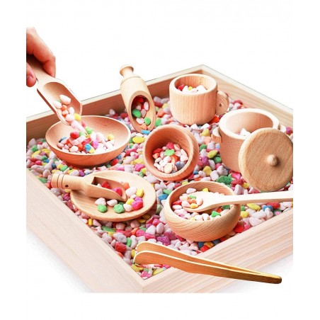 12 Pcs Wooden Sensory Bin Tools 1 Wooden Box + 11 Sensory Tools for Toddlers & Preschool Children Montessori Sensory Wooden T...
