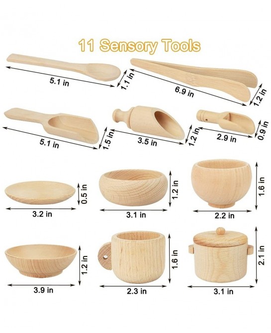12 Pcs Wooden Sensory Bin Tools 1 Wooden Box + 11 Sensory Tools for Toddlers & Preschool Children Montessori Sensory Wooden T...