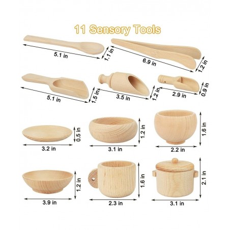 12 Pcs Wooden Sensory Bin Tools 1 Wooden Box + 11 Sensory Tools for Toddlers & Preschool Children Montessori Sensory Wooden T...