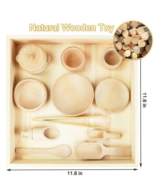 12 Pcs Wooden Sensory Bin Tools 1 Wooden Box + 11 Sensory Tools for Toddlers & Preschool Children Montessori Sensory Wooden T...