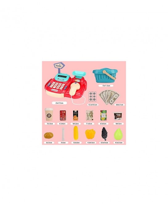 26 PCS Cash Register with Electronic Sounds Working Scanner Calculator Credit Card Reader Play Food and Money Preschool Learn...