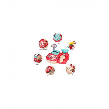 26 PCS Cash Register with Electronic Sounds Working Scanner Calculator Credit Card Reader Play Food and Money Preschool Learn...
