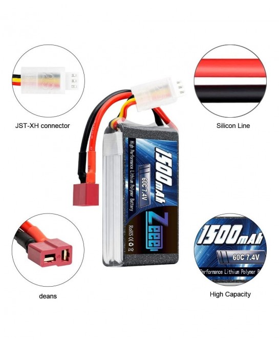 7.4V 60C 1500mAh 2S RC Lipo Battery with Deans Plug for FPV Drone Quadcopter Helicopter Airplane RC Boat RC Car RC Models(2 P...