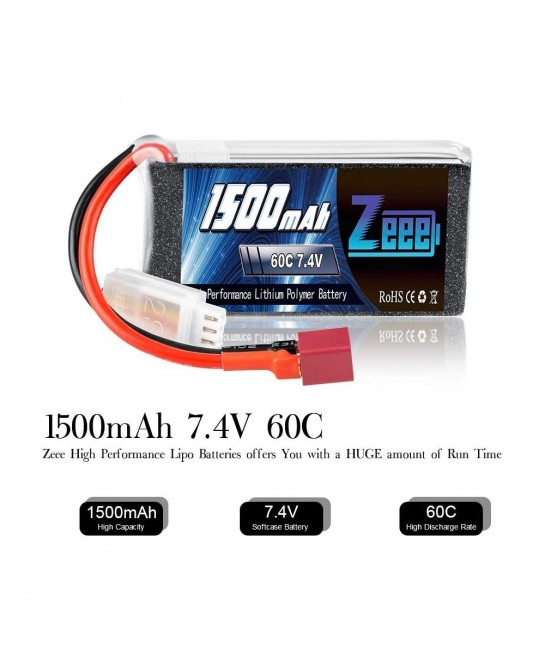 7.4V 60C 1500mAh 2S RC Lipo Battery with Deans Plug for FPV Drone Quadcopter Helicopter Airplane RC Boat RC Car RC Models(2 P...