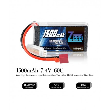 7.4V 60C 1500mAh 2S RC Lipo Battery with Deans Plug for FPV Drone Quadcopter Helicopter Airplane RC Boat RC Car RC Models(2 P...