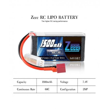7.4V 60C 1500mAh 2S RC Lipo Battery with Deans Plug for FPV Drone Quadcopter Helicopter Airplane RC Boat RC Car RC Models(2 P...