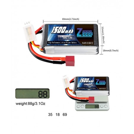 7.4V 60C 1500mAh 2S RC Lipo Battery with Deans Plug for FPV Drone Quadcopter Helicopter Airplane RC Boat RC Car RC Models(2 P...