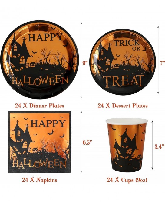 Halloween Party Supplies - 24 Guests 96 Pcs Happy Halloween Tableware Trick Or Treat Dinnerware Sets Include Dinner Plates De...