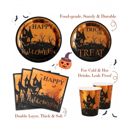 Halloween Party Supplies - 24 Guests 96 Pcs Happy Halloween Tableware Trick Or Treat Dinnerware Sets Include Dinner Plates De...