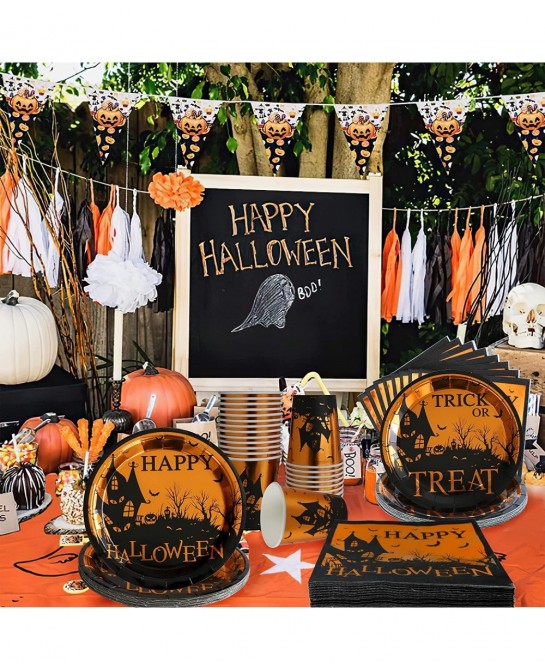 Halloween Party Supplies - 24 Guests 96 Pcs Happy Halloween Tableware Trick Or Treat Dinnerware Sets Include Dinner Plates De...