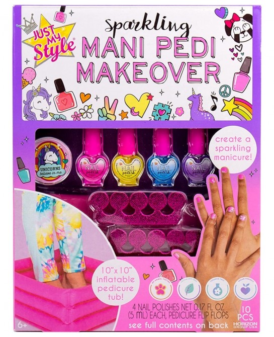 Sparkling Mani Pedi Makeover by Horizon Group USA Mani Pedi Kit for Girls Includes 4 Nail Polishes Inflatable Foot Spa Toe Sp...