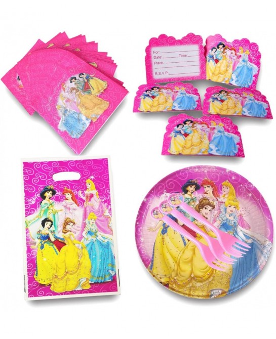 60pcs Princess Party Supplies include 10 Plates 20 Napkins 10 Gift Bags 10 Princess Forks and 10 Invitation Cards for Princes...