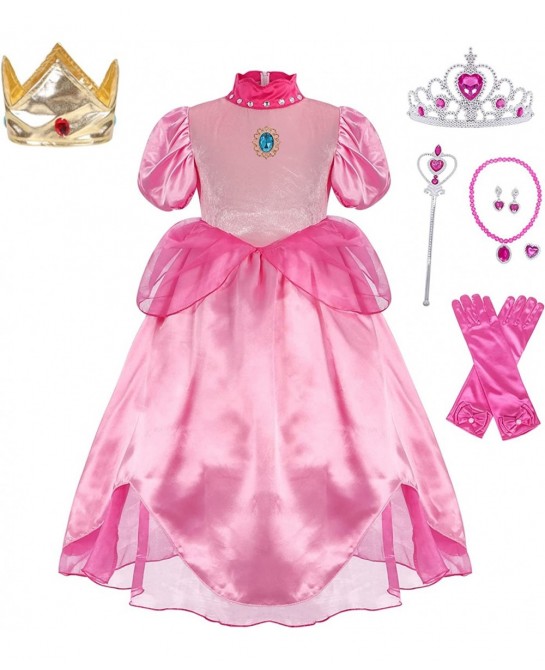 Princess Peach Dresses for Girls Halloween Christmas Party Costumes Pink Queen Cosplay Outfits with Crown 3-9 Years $50.70 Ki...