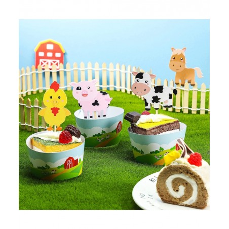 48 Pieces Farm Animal Theme Cupcake Topper and Wrappers Rustic Farmhouse Cupcake Picks Cup Wrapper for Farm Theme Party Birth...
