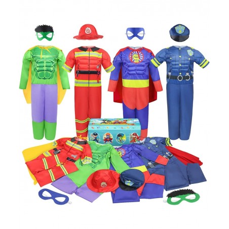 Boys Muscle Chest Dress up Costumes Trunk with Superhero Policeman Fireman Costume Kids Pretend Role Play Costumes Set Boys D...