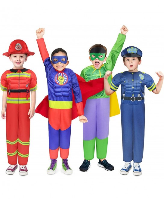 Boys Muscle Chest Dress up Costumes Trunk with Superhero Policeman Fireman Costume Kids Pretend Role Play Costumes Set Boys D...