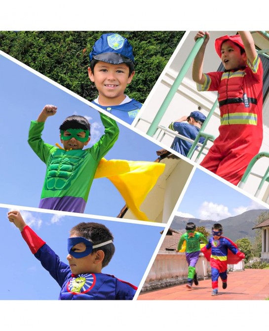 Boys Muscle Chest Dress up Costumes Trunk with Superhero Policeman Fireman Costume Kids Pretend Role Play Costumes Set Boys D...