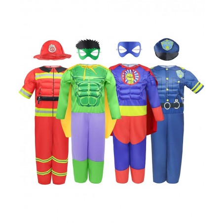 Boys Muscle Chest Dress up Costumes Trunk with Superhero Policeman Fireman Costume Kids Pretend Role Play Costumes Set Boys D...
