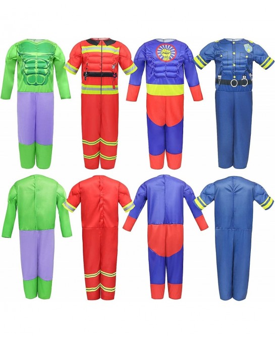 Boys Muscle Chest Dress up Costumes Trunk with Superhero Policeman Fireman Costume Kids Pretend Role Play Costumes Set Boys D...