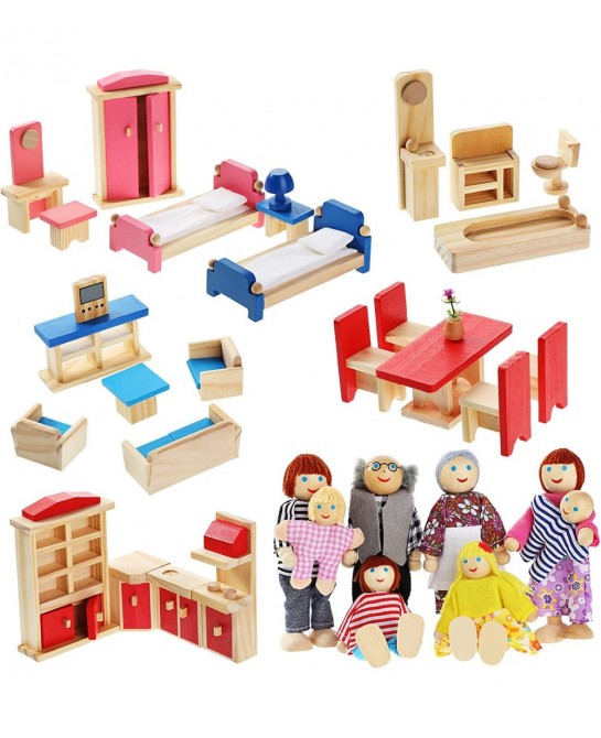 Wooden Dollhouse Furniture Doll House Furnishings with 8 Pieces Winning Doll Family Set Dollhouse Accessories for Boys Girls ...