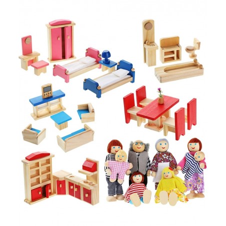 Wooden Dollhouse Furniture Doll House Furnishings with 8 Pieces Winning Doll Family Set Dollhouse Accessories for Boys Girls ...