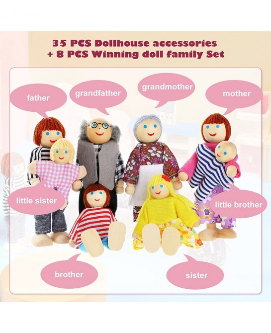 Wooden Dollhouse Furniture Doll House Furnishings with 8 Pieces Winning Doll Family Set Dollhouse Accessories for Boys Girls ...