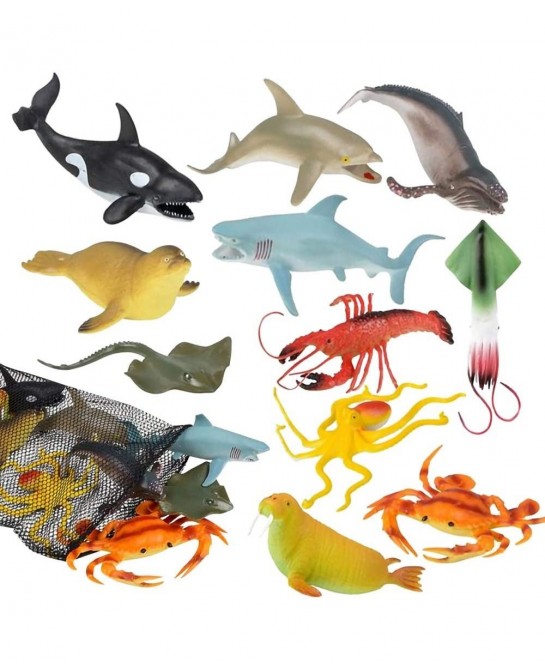 Aquatic Animal Assortment in Mesh Bag Pack of 11 Sea Creature Figurines in Assorted Designs Bath Water Toys for Kids Ocean Li...