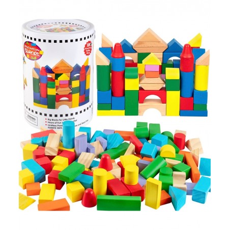 Wooden Blocks - 100 Pc Wood Building Block Set with Container (Rainbow Colored) - 100% Real Wood in 7 Colors and 14 Shapes - ...