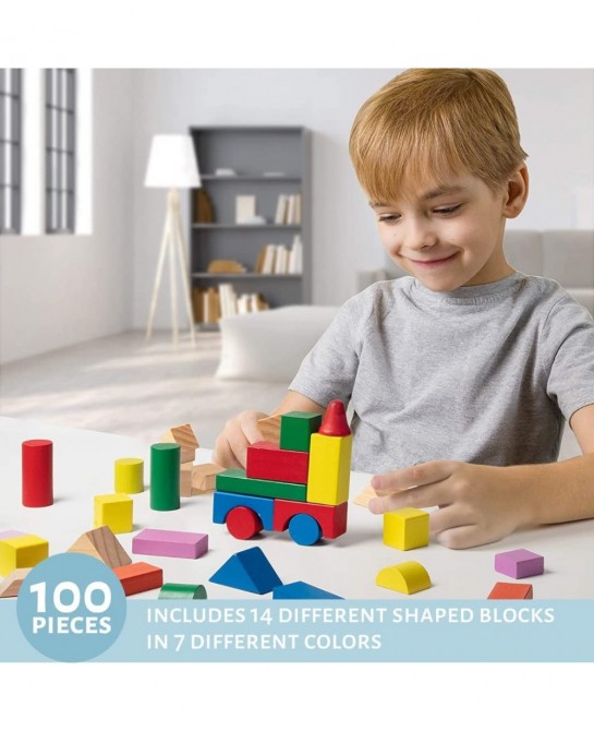 Wooden Blocks - 100 Pc Wood Building Block Set with Container (Rainbow Colored) - 100% Real Wood in 7 Colors and 14 Shapes - ...