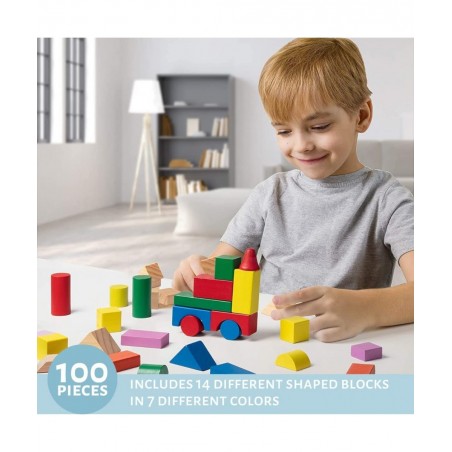 Wooden Blocks - 100 Pc Wood Building Block Set with Container (Rainbow Colored) - 100% Real Wood in 7 Colors and 14 Shapes - ...
