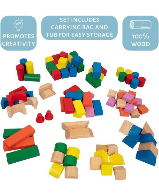Wooden Blocks - 100 Pc Wood Building Block Set with Container (Rainbow Colored) - 100% Real Wood in 7 Colors and 14 Shapes - ...