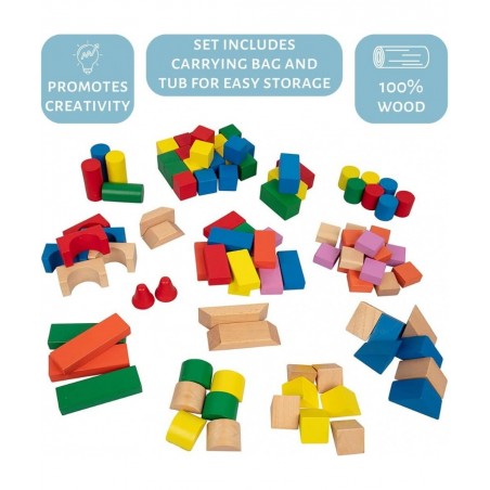 Wooden Blocks - 100 Pc Wood Building Block Set with Container (Rainbow Colored) - 100% Real Wood in 7 Colors and 14 Shapes - ...