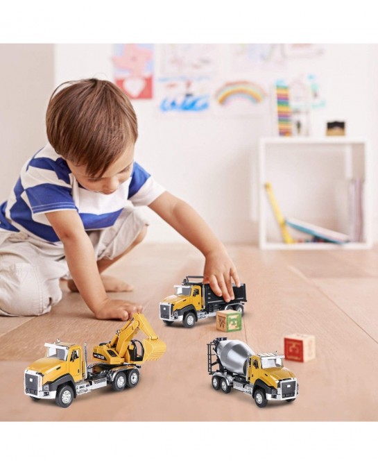 3Pcs Diecast Engineering Construction Truck Toys Dump Truck Digger Mixer Truck Vehicles Set Pull Back Car Toys 1/50 Scale Met...