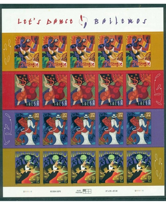 Let's Dance Bailemos Sheet of Twenty 37 Cent Stamps Scott 3939-42 $20.61 Collectible Postage Stamps