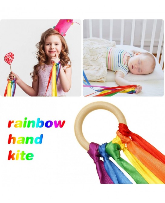 3 Pieces Rainbow Hand Kite Ribbon Runner Wrist Ribbons Ribbon Wind Wand Dancing Ribbon Streamer with Wood Ring Learning Educa...