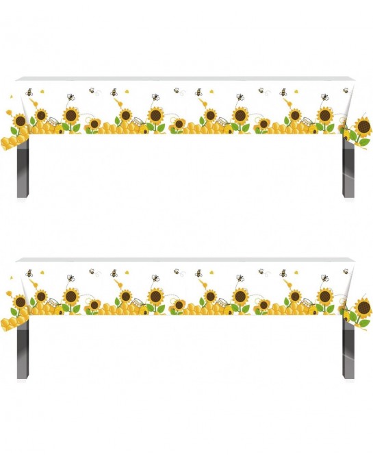 Bumblebee Sunflower Table Cover -2 Pack 86.6x52 Inch Disposable Printed Plastic Tablecloth Party Supplies Decorations Kids Ba...