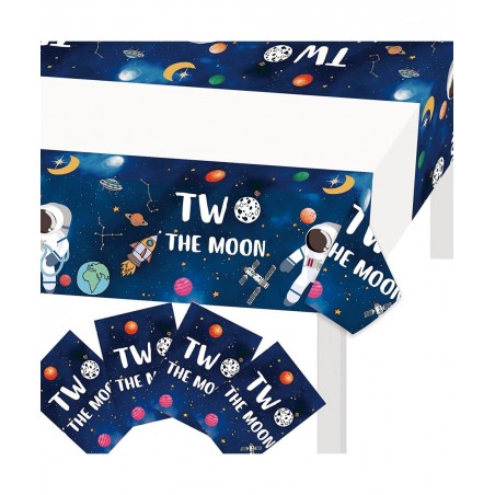 4PCS 70.8in x 42.6in Two The Moon Tablecloth 2 The Moon Party Table Covers Galaxy Astronaut Space Man Robot UFO Outer Space T...