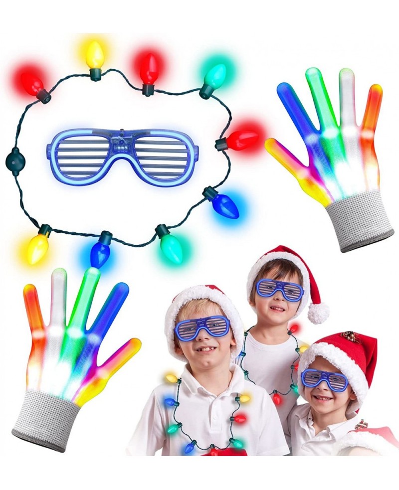 LED Flashing Glasses Gloves Necklace for New Year Chrismas Birthday Party Glow in the Dark Light Up Gifts for Kids Adults(3PC...