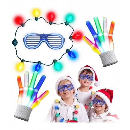 LED Flashing Glasses Gloves Necklace for New Year Chrismas Birthday Party Glow in the Dark Light Up Gifts for Kids Adults(3PC...