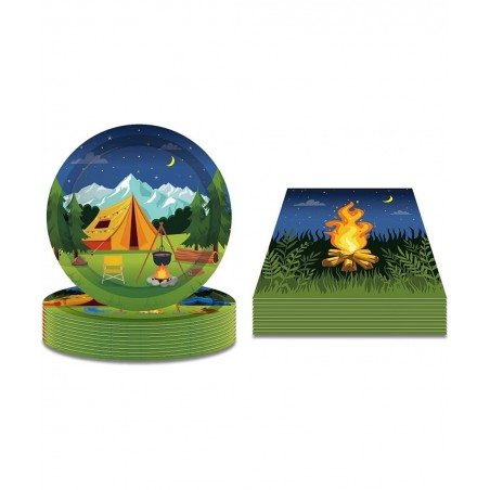 Camping Theme Plates and Napkins Serves 16 -Camping Adventure Party Supplies Tableware Set Forest Nature Camper Themed Dispos...